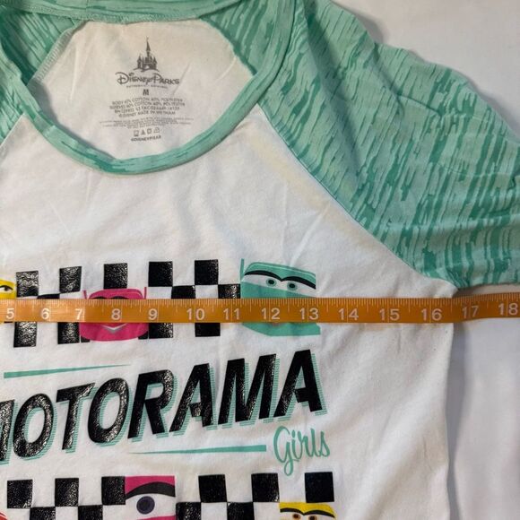 Disney Parks Motorama Cars Movie Girls Green Raglan Shirt Retro Size M Fitted - Picture 4 of 8